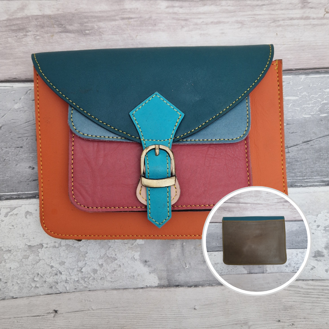 Orange leather mini satchel style bag with mulit-coloured panels of blues and pink.