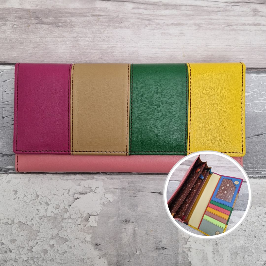 Sassy Spirit Eva style purse - Rainbow stripes of multicoloured recycled leather inside and out.