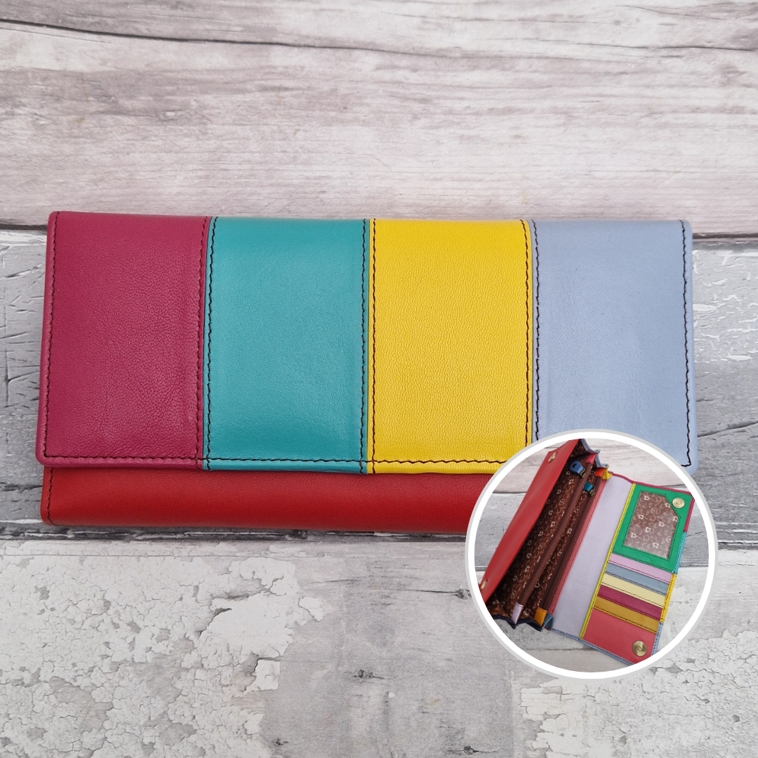 Sassy Spirit Eva style purse - Rainbow stripes of multicoloured recycled leather inside and out.