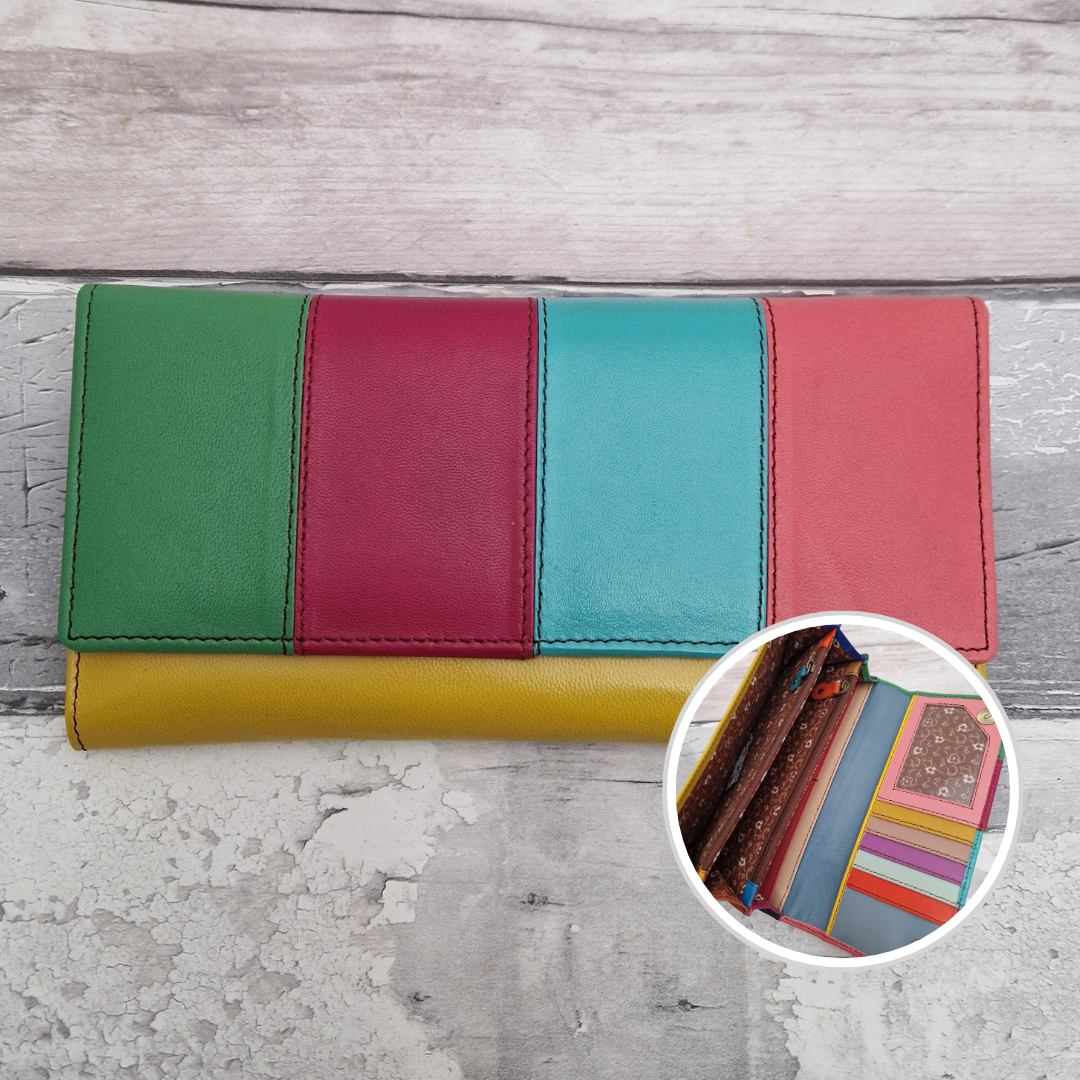 Sassy Spirit Eva style purse - Rainbow stripes of multicoloured recycled leather inside and out.