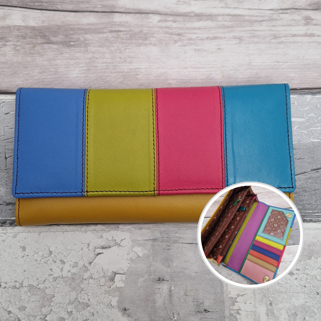 Sassy Spirit Eva style purse - Rainbow stripes of multicoloured recycled leather inside and out.