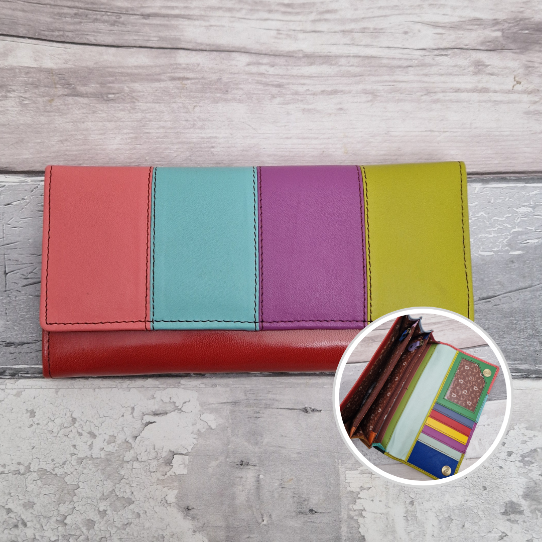 Sassy Spirit Eva style purse - Rainbow stripes of multicoloured recycled leather inside and out.