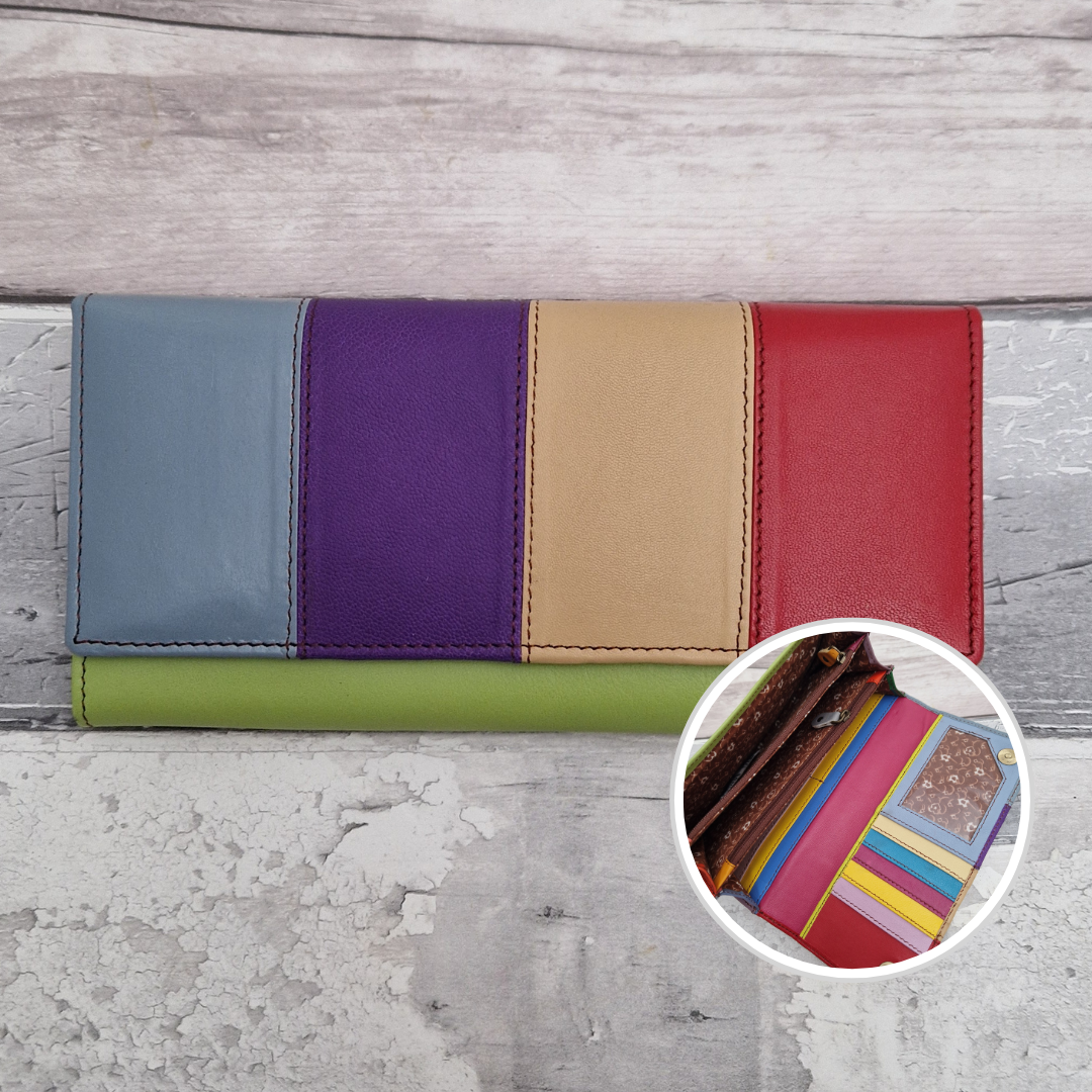 Sassy Spirit Eva style purse - Rainbow stripes of multicoloured recycled leather inside and out.