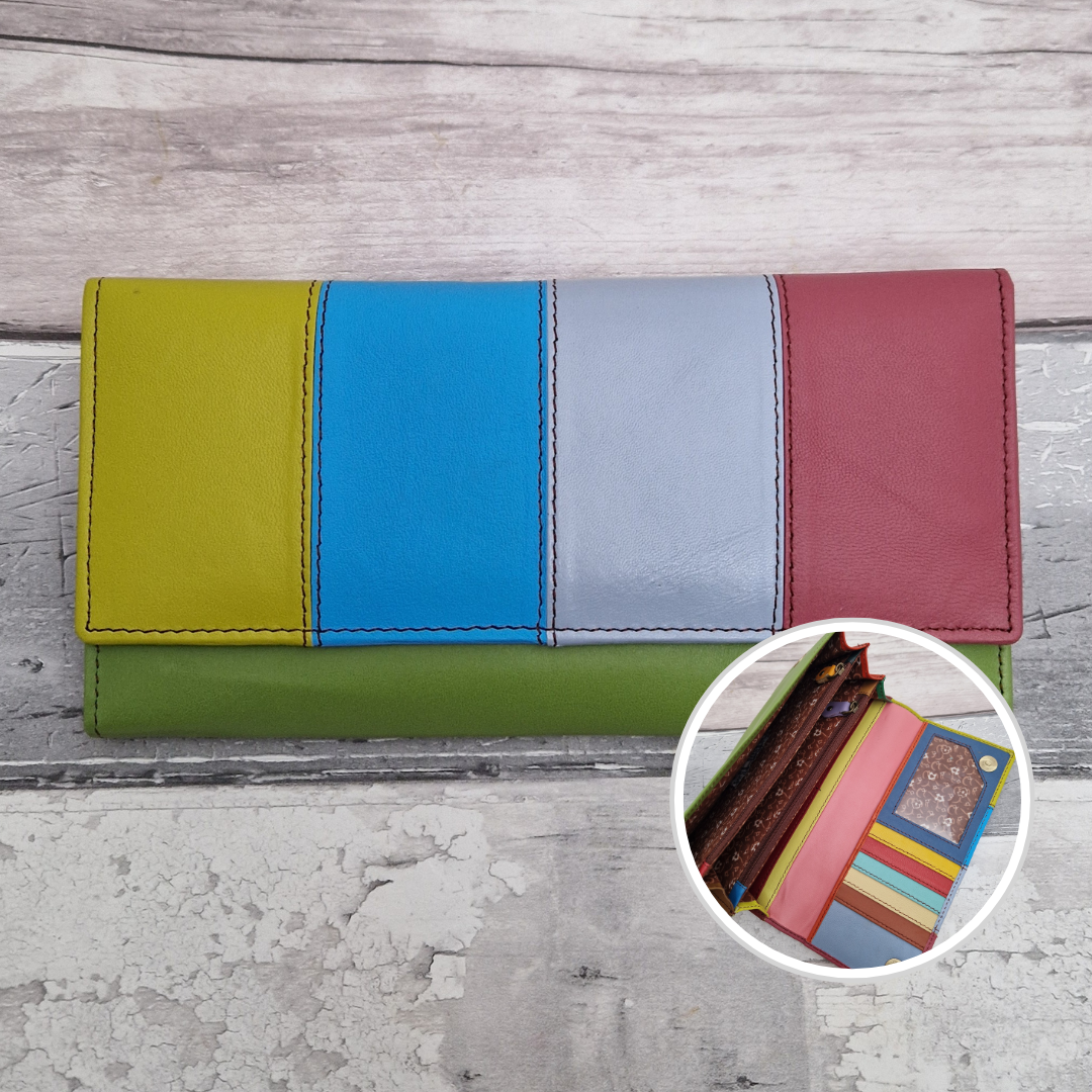 Sassy Spirit Eva style purse - Rainbow stripes of multicoloured recycled leather inside and out.