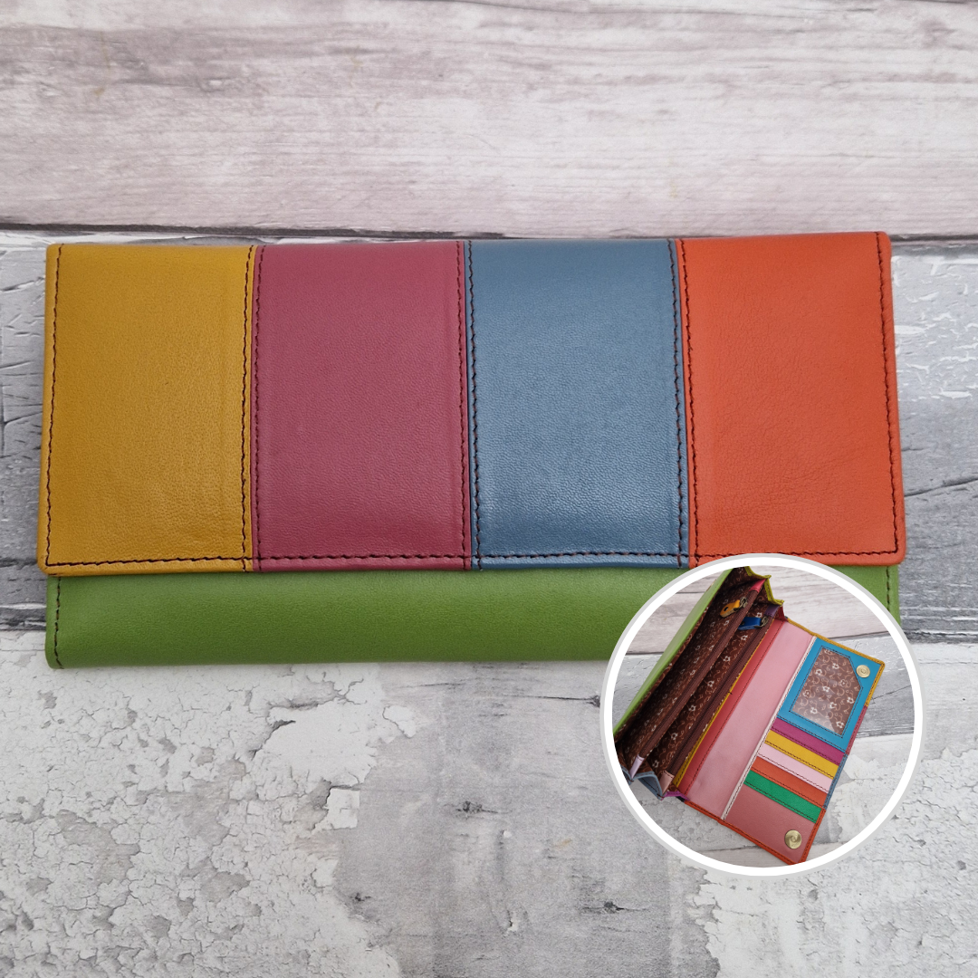 Sassy Spirit Eva style purse - Rainbow stripes of multicoloured recycled leather inside and out.