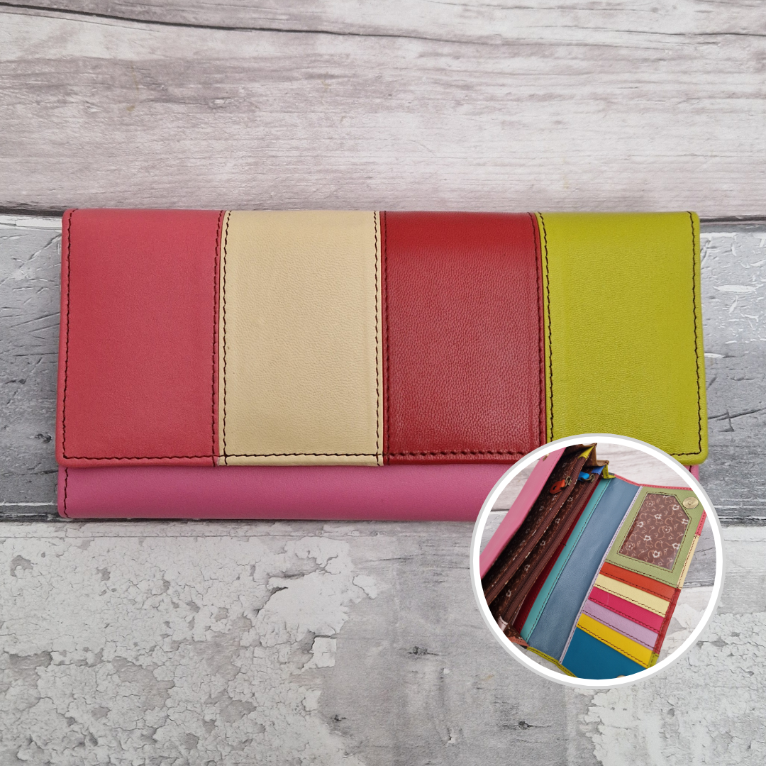 Sassy Spirit Eva style purse - Rainbow stripes of multicoloured recycled leather inside and out.