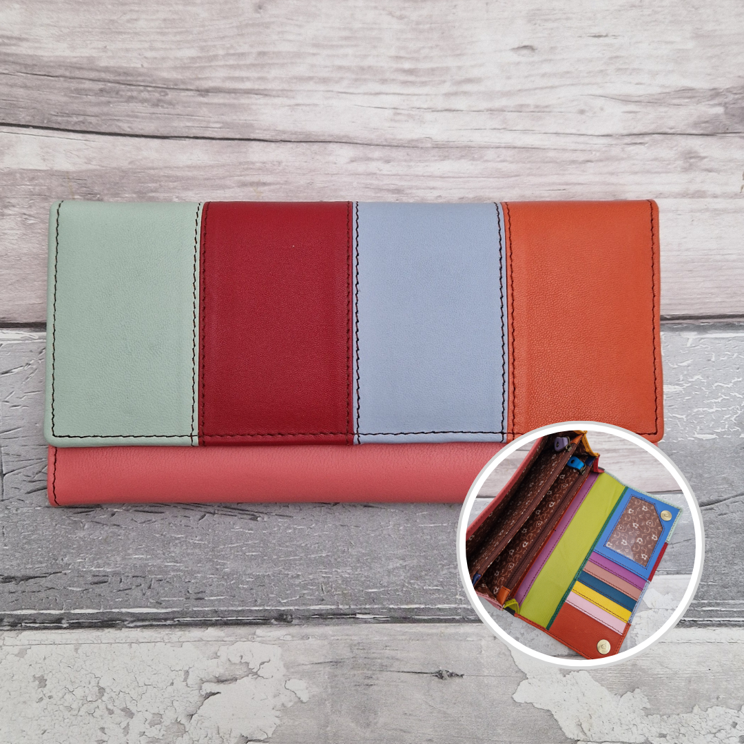 Sassy Spirit Eva style purse - Rainbow stripes of multicoloured recycled leather inside and out.