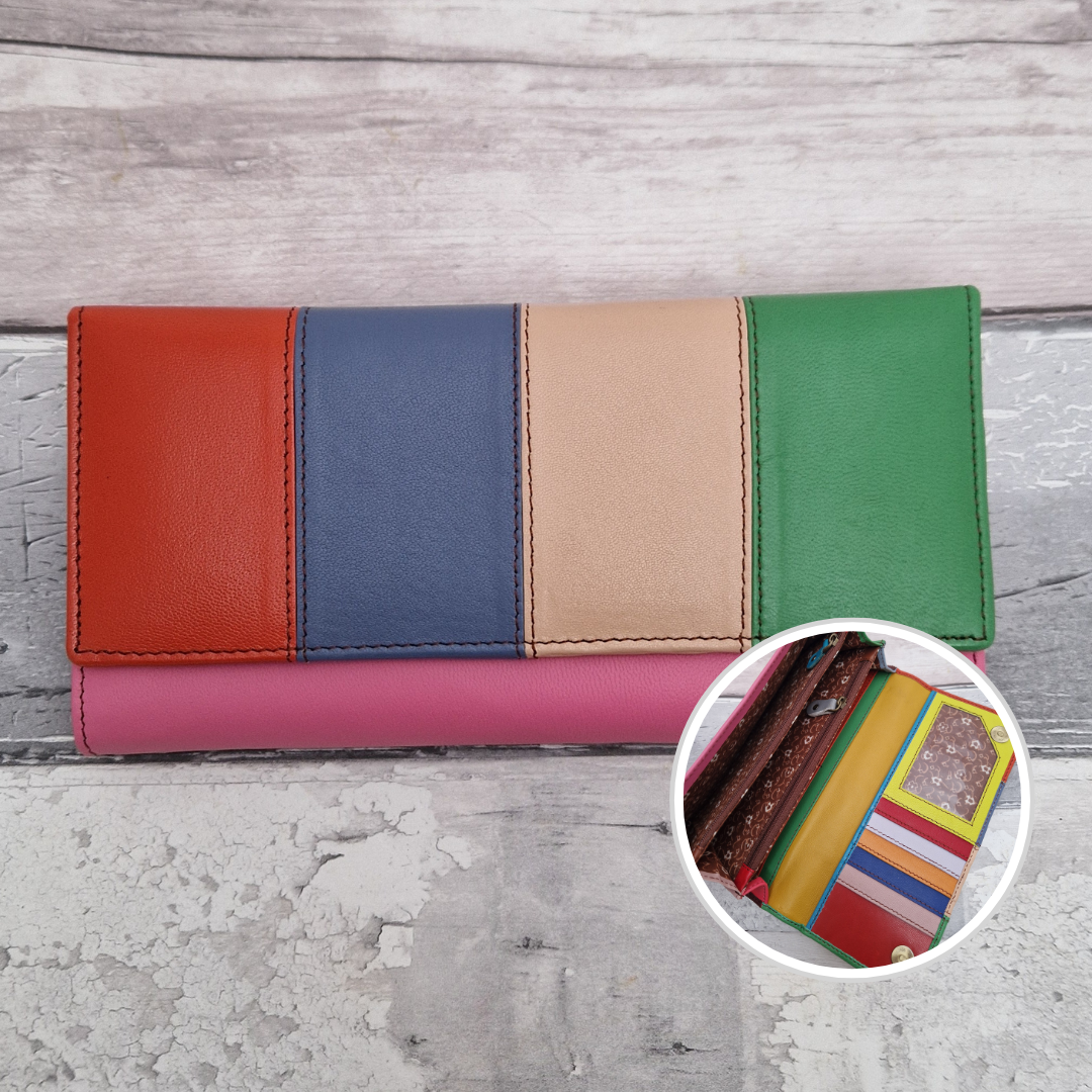 Sassy Spirit Eva style purse - Rainbow stripes of multicoloured recycled leather inside and out.