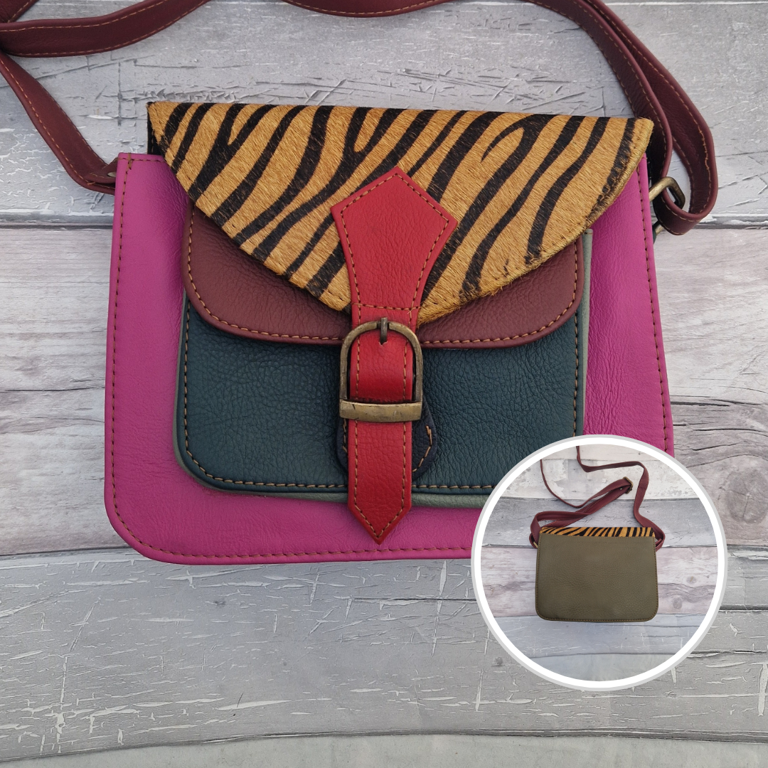 Mini satchel style crossbody bag. All leather made in a mix of colours with a textured panel of tiger print.