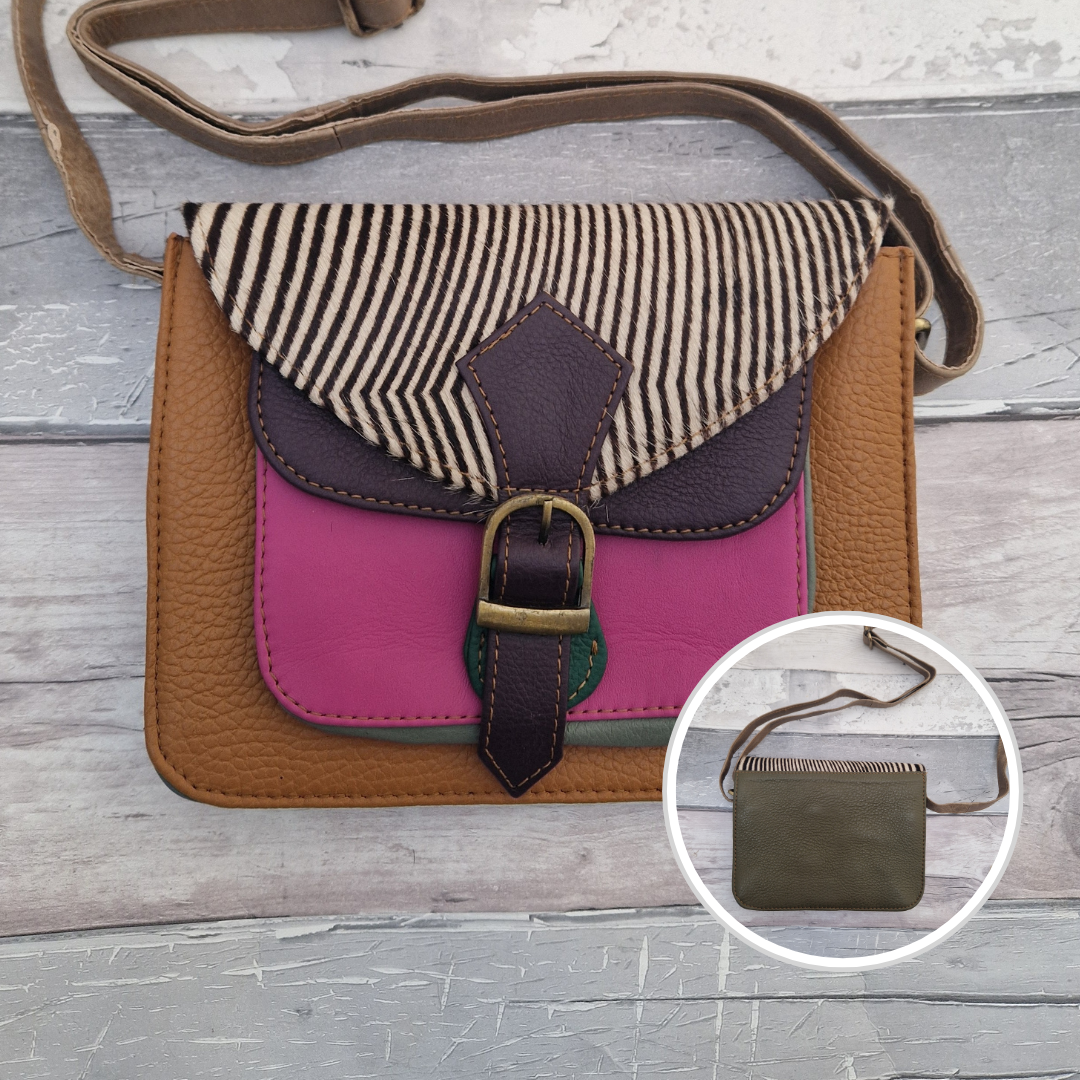 Mini satchel style crossbody bag. All leather made in a mix of colours with a textured panel of zebra print.