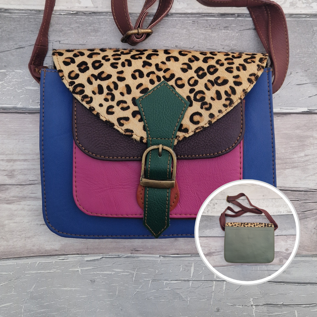 Mini satchel style crossbody bag. All leather made in a mix of colours with a textured panel of leopard print.