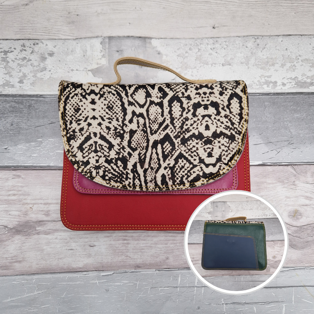 All leather bag with top handle and detachable crossbody strap. Red leather with a striking textured panel of snake print.