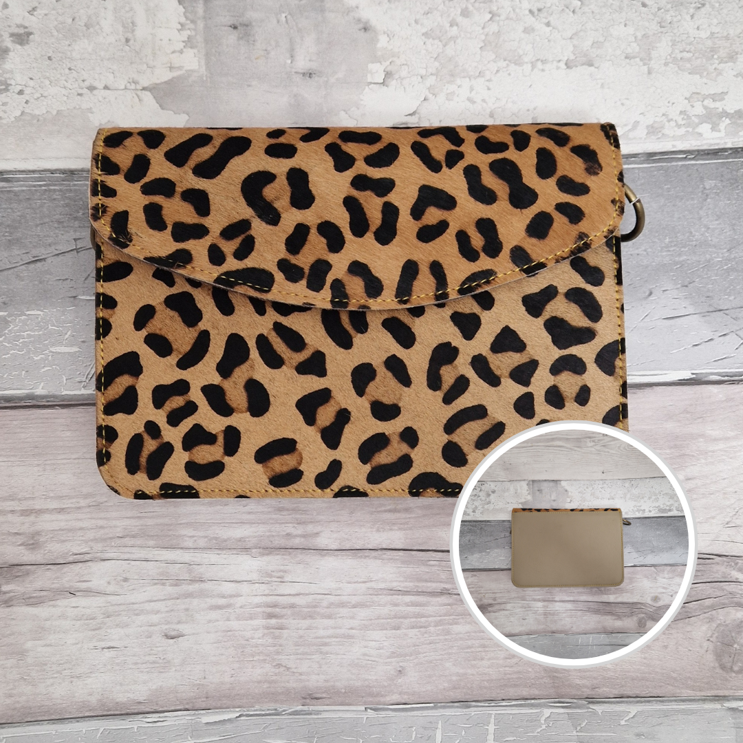 Classic envelope shaped bag covered in textured panels of Jaguar print.