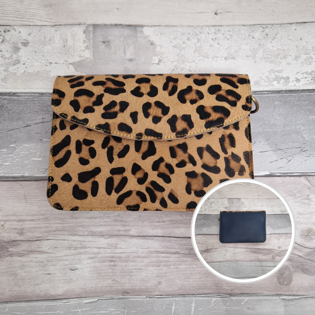 Classic envelope shaped bag covered in textured panels of leopard print.