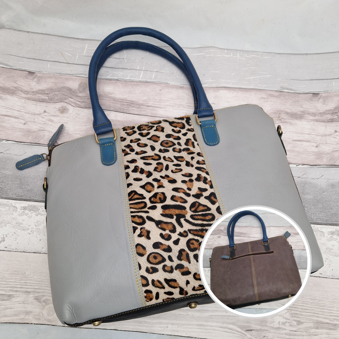 All leather grey coloured tote bag with a leopard print panel.