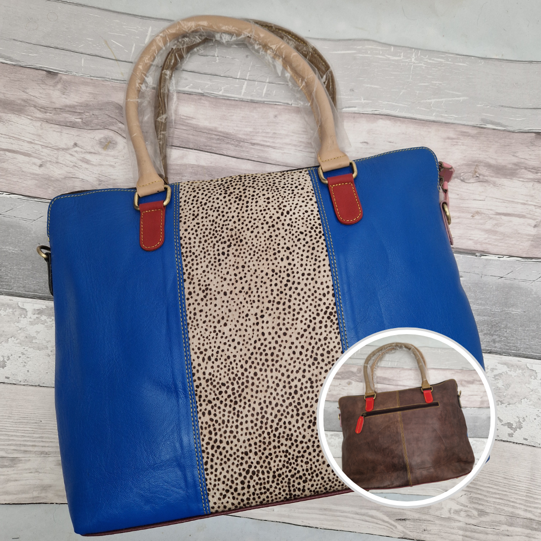 All leather Royal blue coloured tote bag with a micro spot print panel.