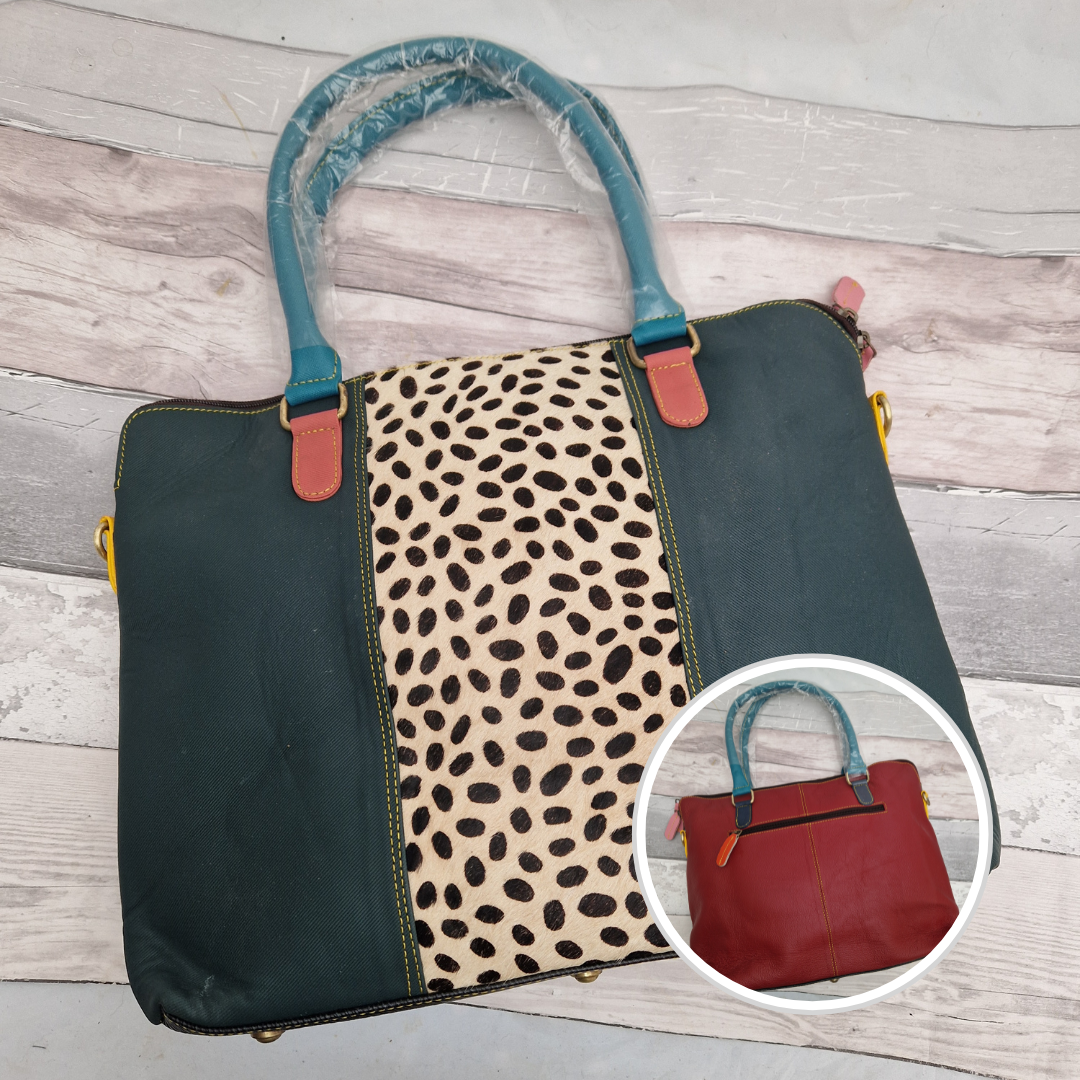 All leather forest green coloured tote bag with a spot print panel.