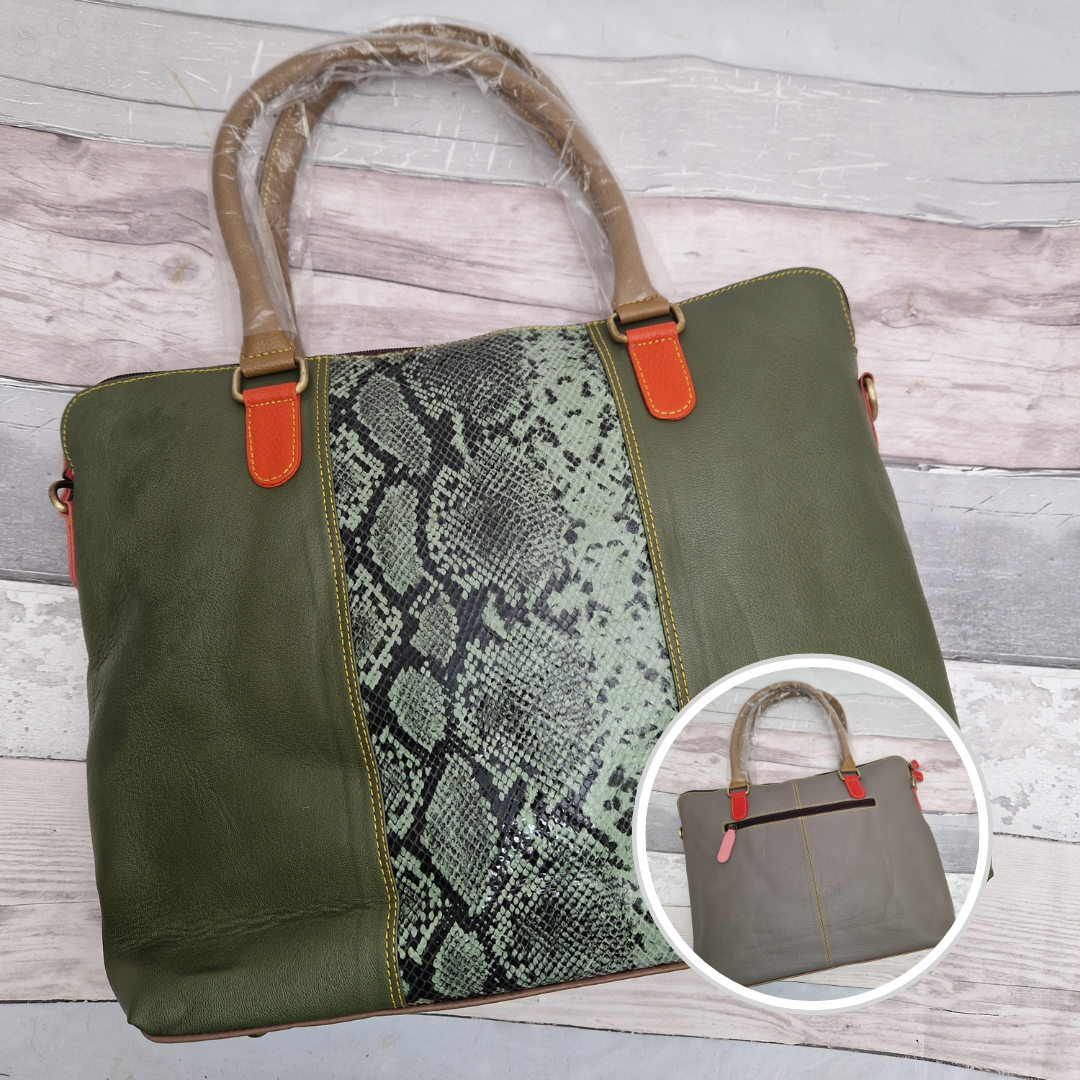 All leather olive green coloured tote bag with a snake print panel.