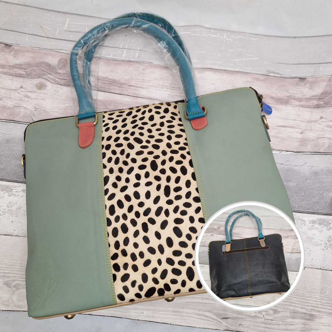 All leather mint coloured tote bag with a spot print panel.