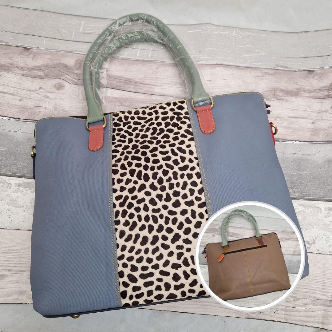 All leather stone blue coloured tote bag with a l print panel.spot