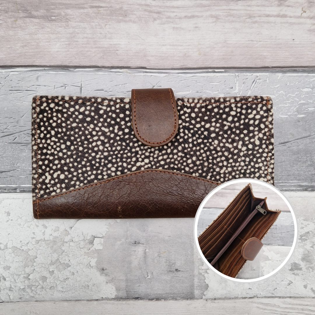 All leather purse made from off-cuts with a textured spotty panel.