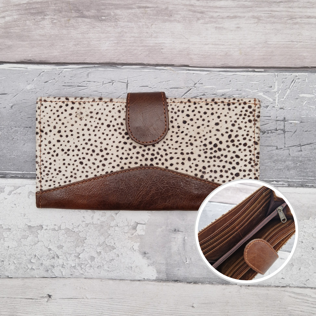 All leather purse made from off-cuts with a textured spotty panel.