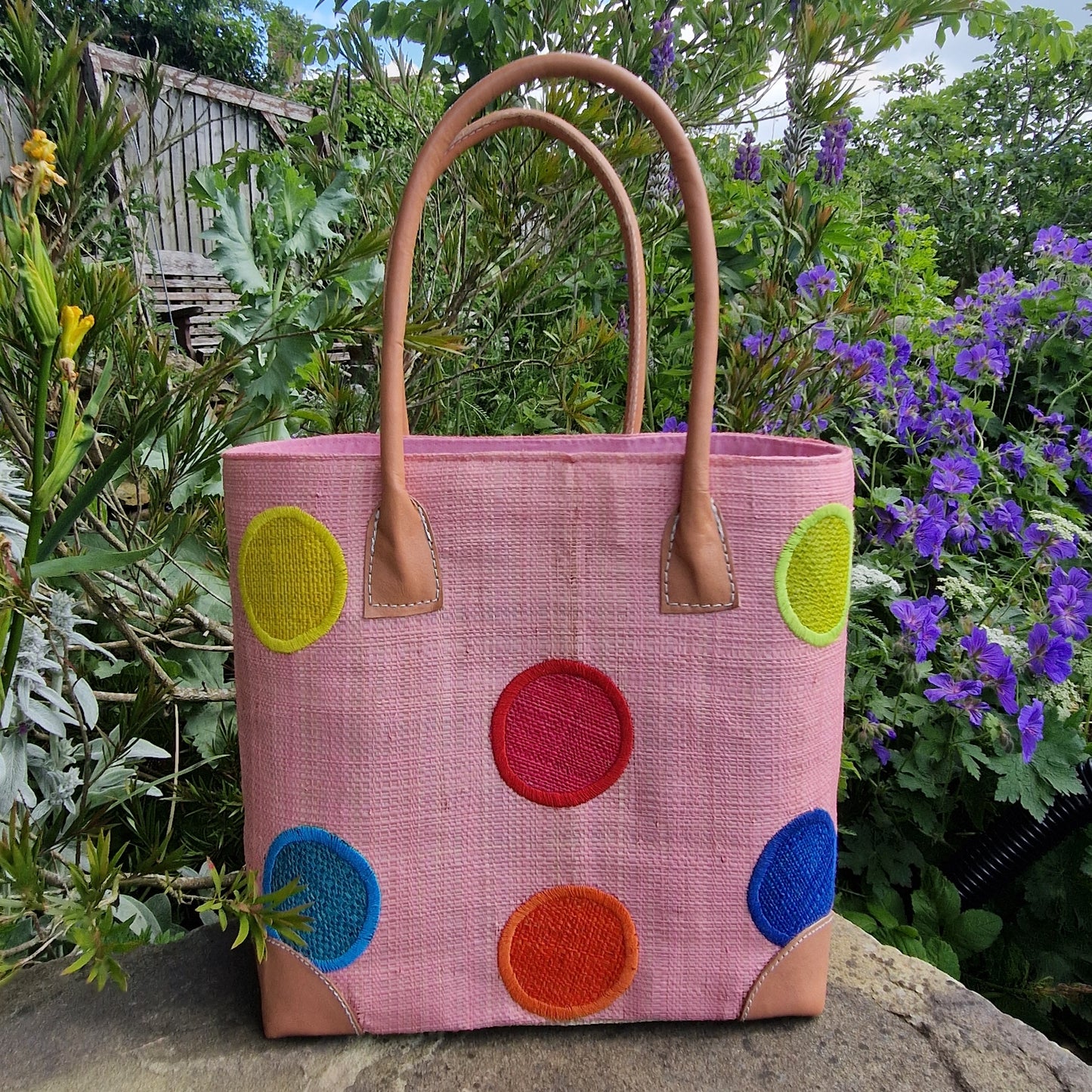 Baby Pink Basket decorated with Rainbow coloured spots