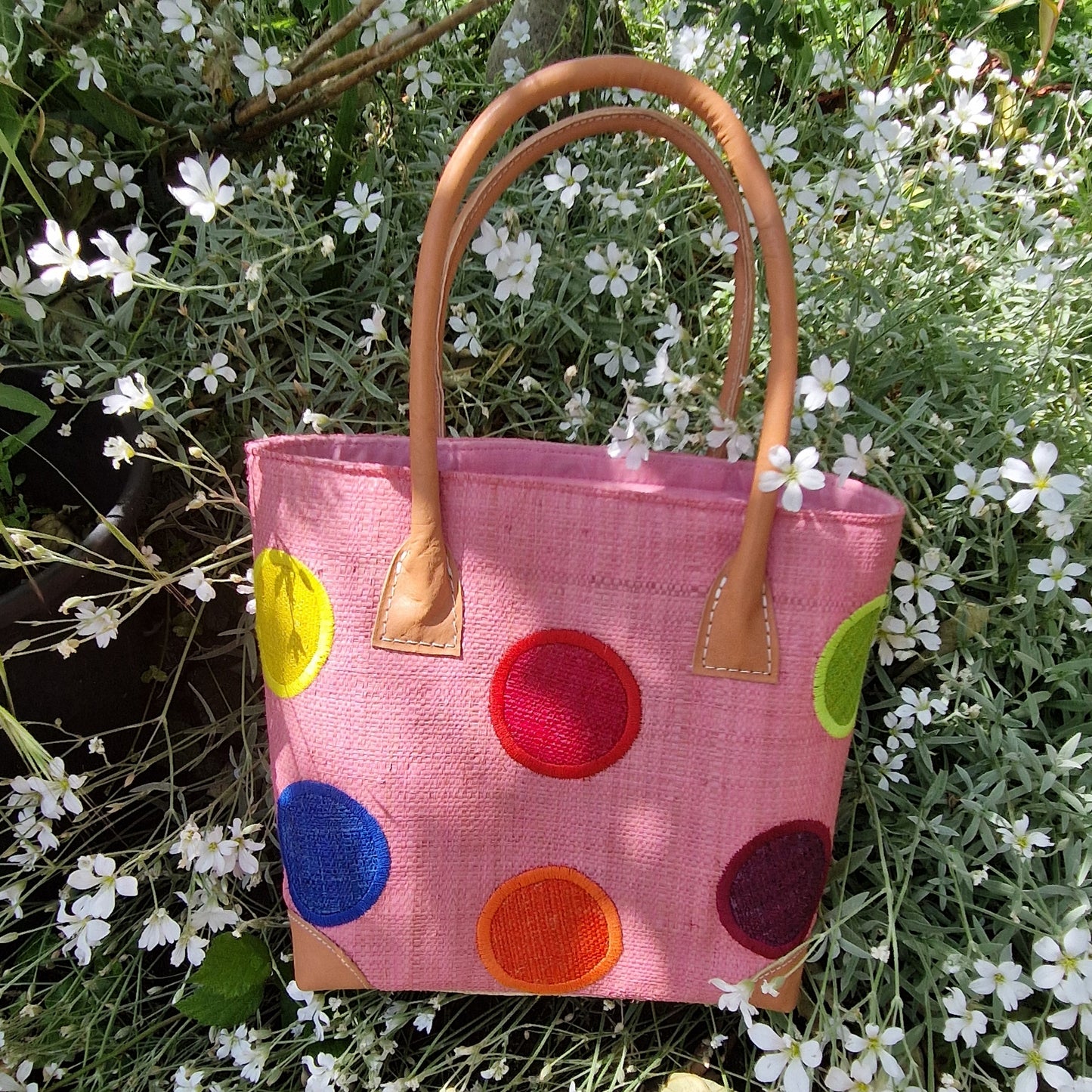 Baby Pink Basket decorated with Rainbow coloured spots