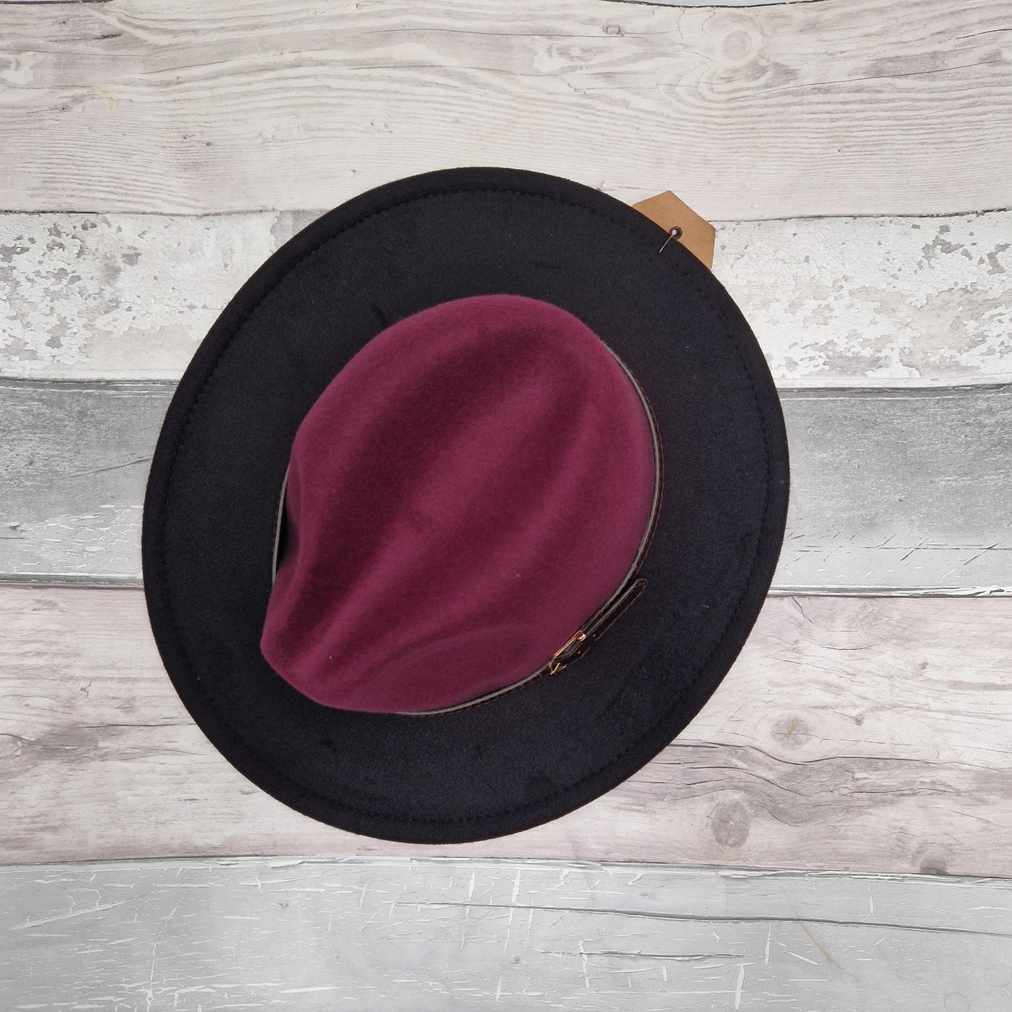 Felt Fedora Hat with a Burgundy Crown, Black Brim and belted band.