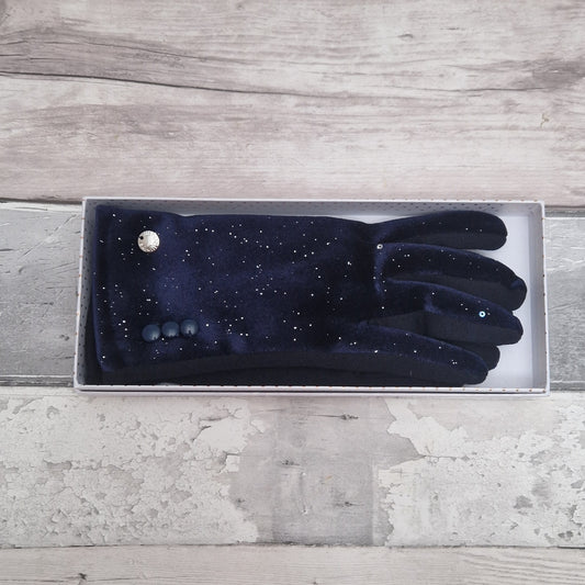 Navy velvet ladies gloves covered in a subtle silver sparkle. 3 Button Cuff detail. Gift Boxed.