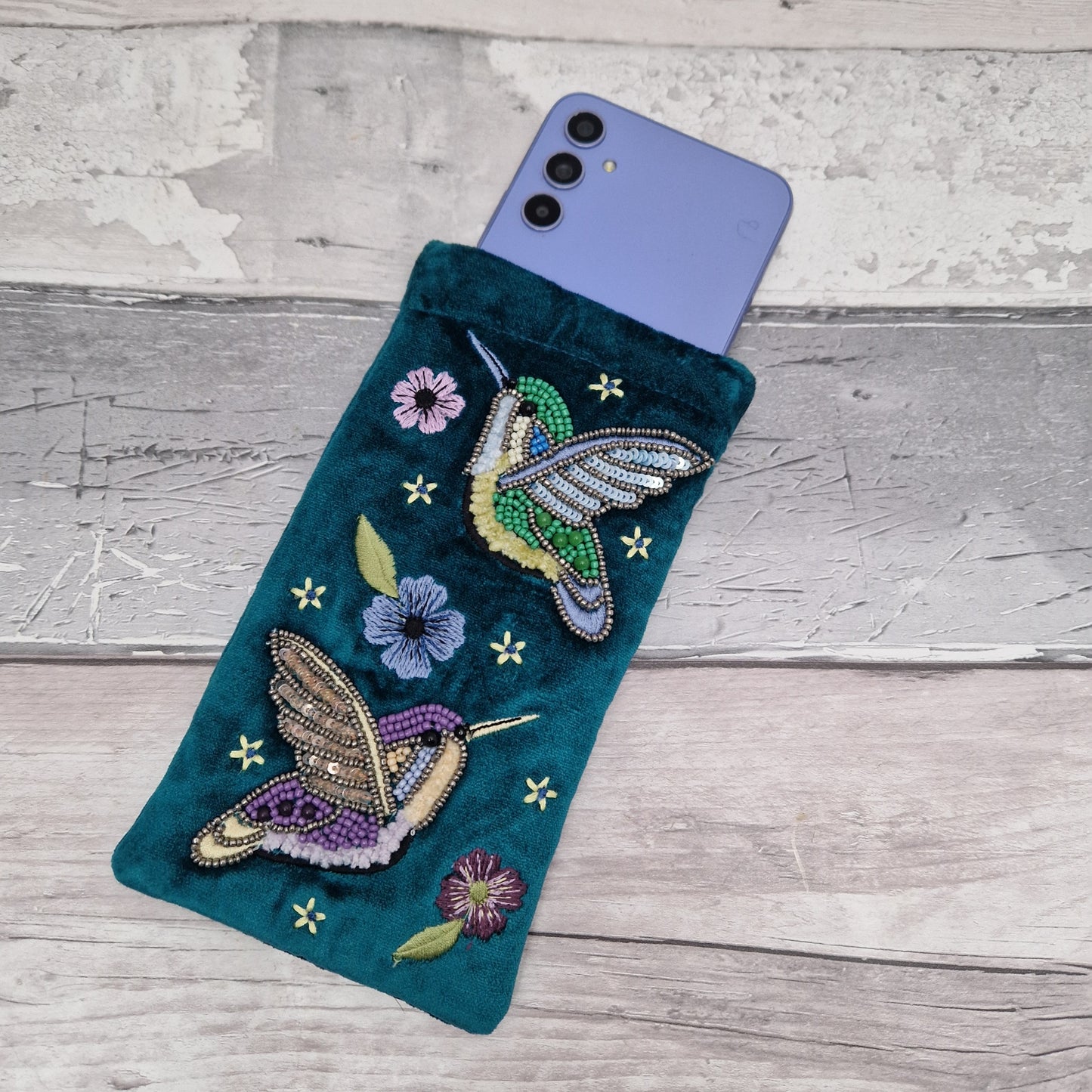 Turquoise Blue velvet glasses case / mobile phone pouch decorated with hand sewn embroidered Hummingbirds finished with beads.