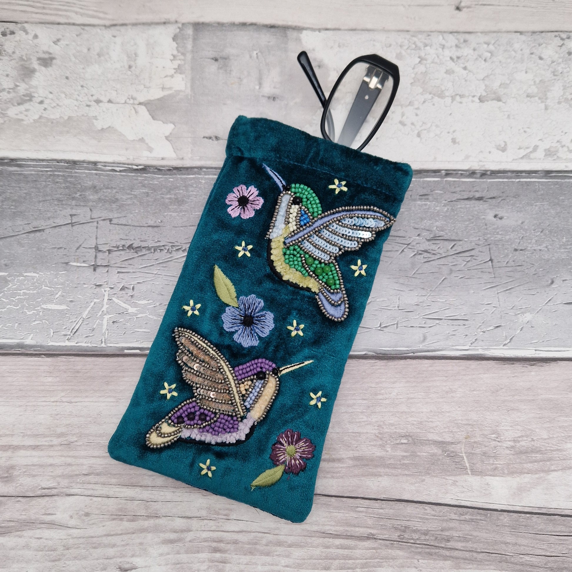 Turquoise Blue velvet glasses case / mobile phone pouch decorated with hand sewn embroidered Hummingbirds finished with beads.