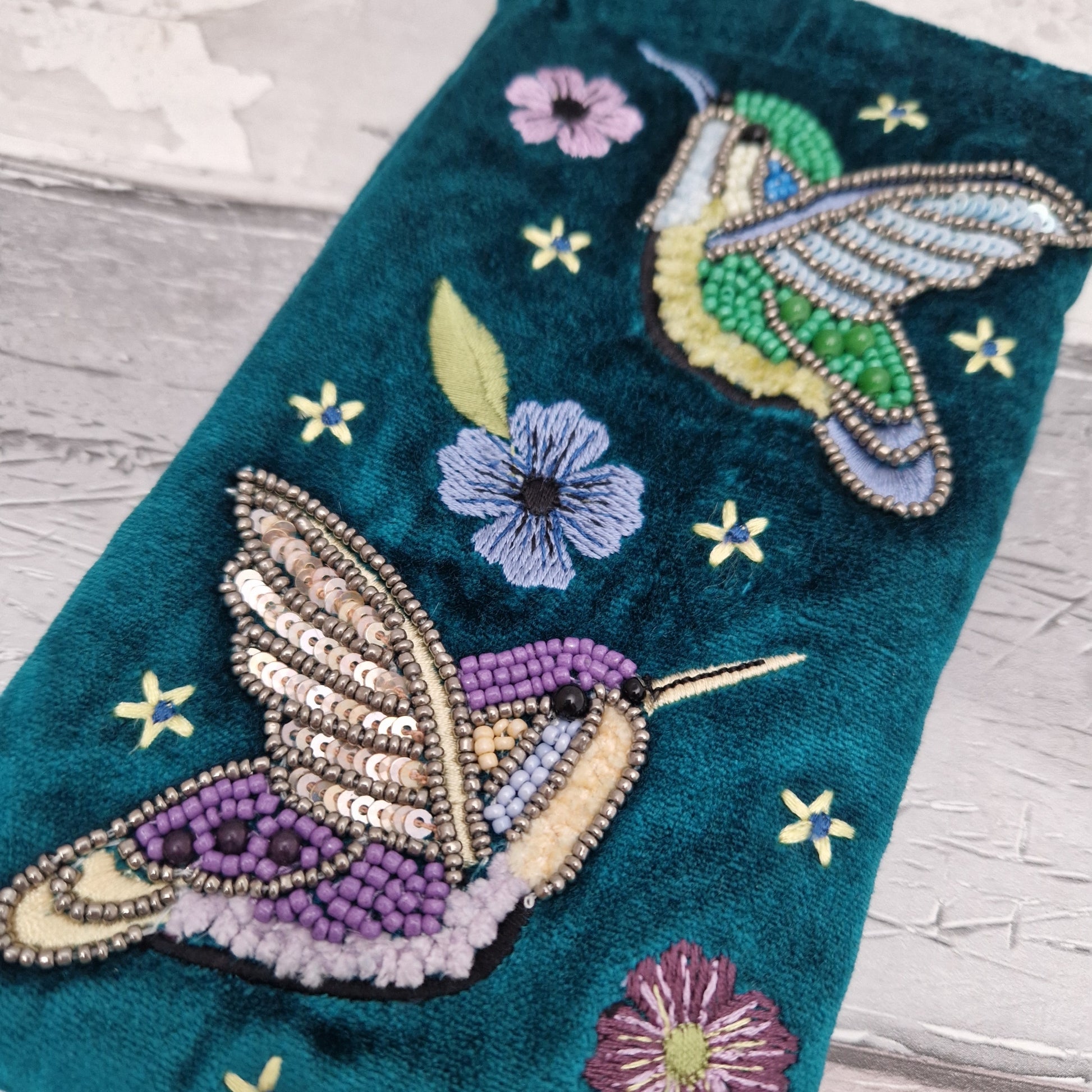 Turquoise Blue velvet glasses case / mobile phone pouch decorated with hand sewn embroidered Hummingbirds finished with beads.