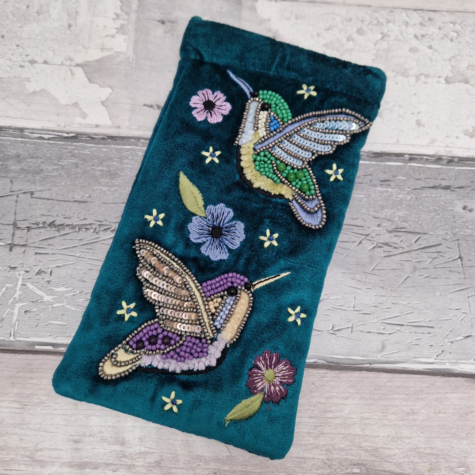 Turquoise Blue velvet glasses case / mobile phone pouch decorated with hand sewn embroidered Hummingbirds finished with beads.