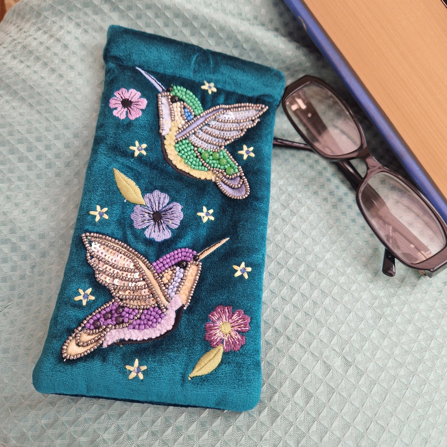 Turquoise Blue velvet glasses case / mobile phone pouch decorated with hand sewn embroidered Hummingbirds finished with beads.