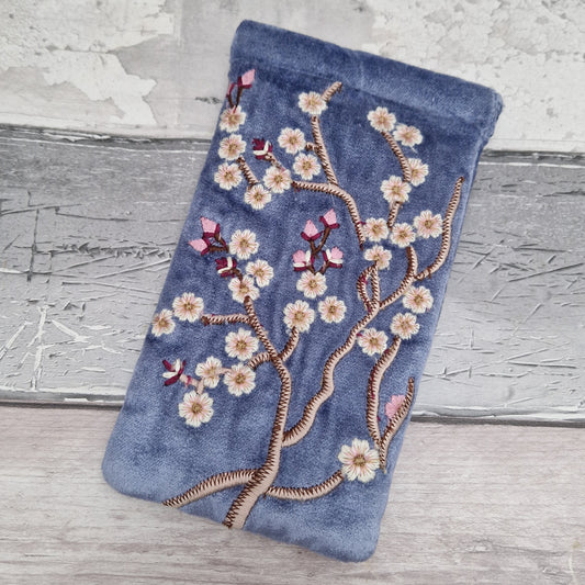 Cobalt Blue velvet glasses case / mobile phone pouch decorated with hand sewn embroidered Cherry Blossom Flowers.