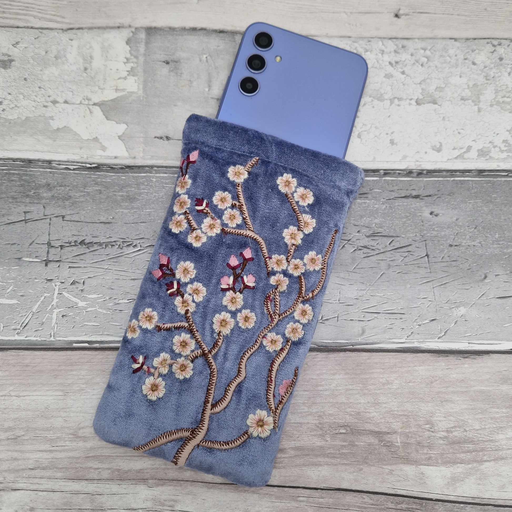 Cobalt Blue velvet glasses case / mobile phone pouch decorated with hand sewn embroidered Cherry Blossom Flowers.