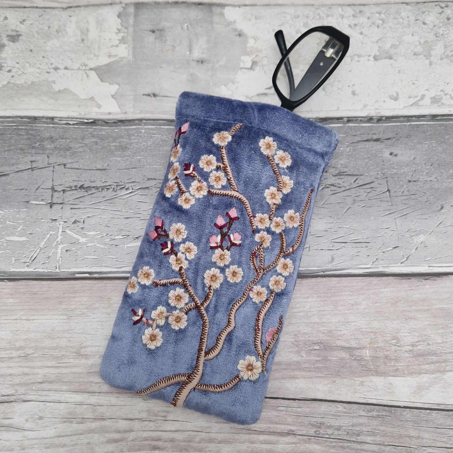 Cobalt Blue velvet glasses case / mobile phone pouch decorated with hand sewn embroidered Cherry Blossom Flowers.