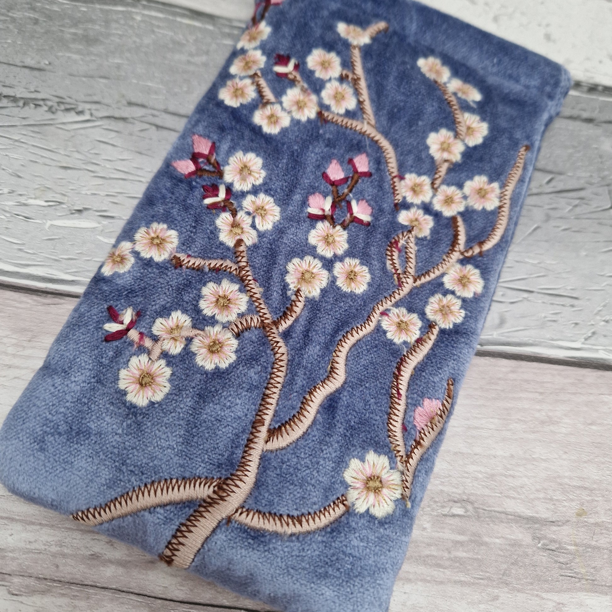 Cobalt Blue velvet glasses case / mobile phone pouch decorated with hand sewn embroidered Cherry Blossom Flowers.