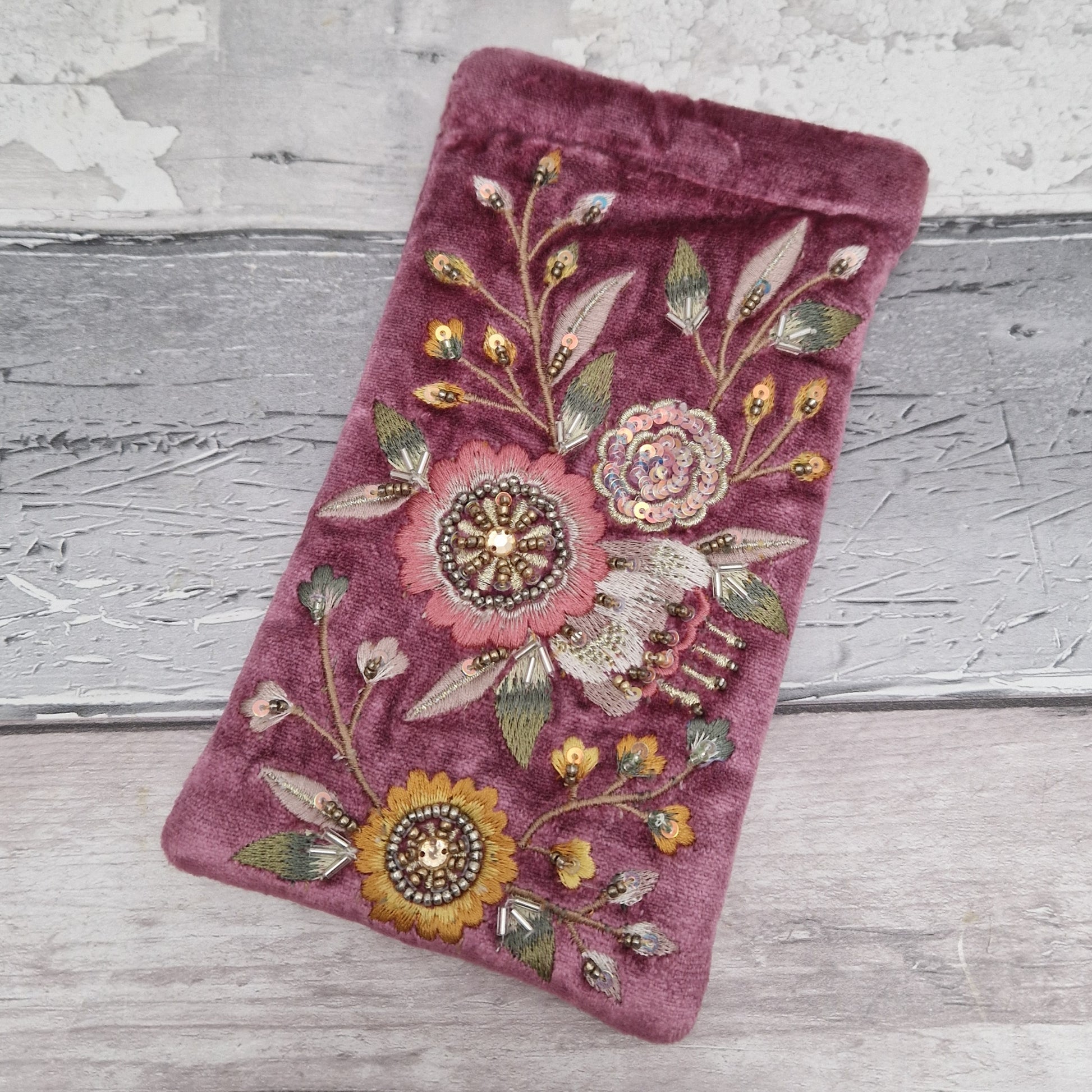 Pink velvet glasses case / mobile phone pouch decorated with hand sewn embroidery flowers, beads and sequins.