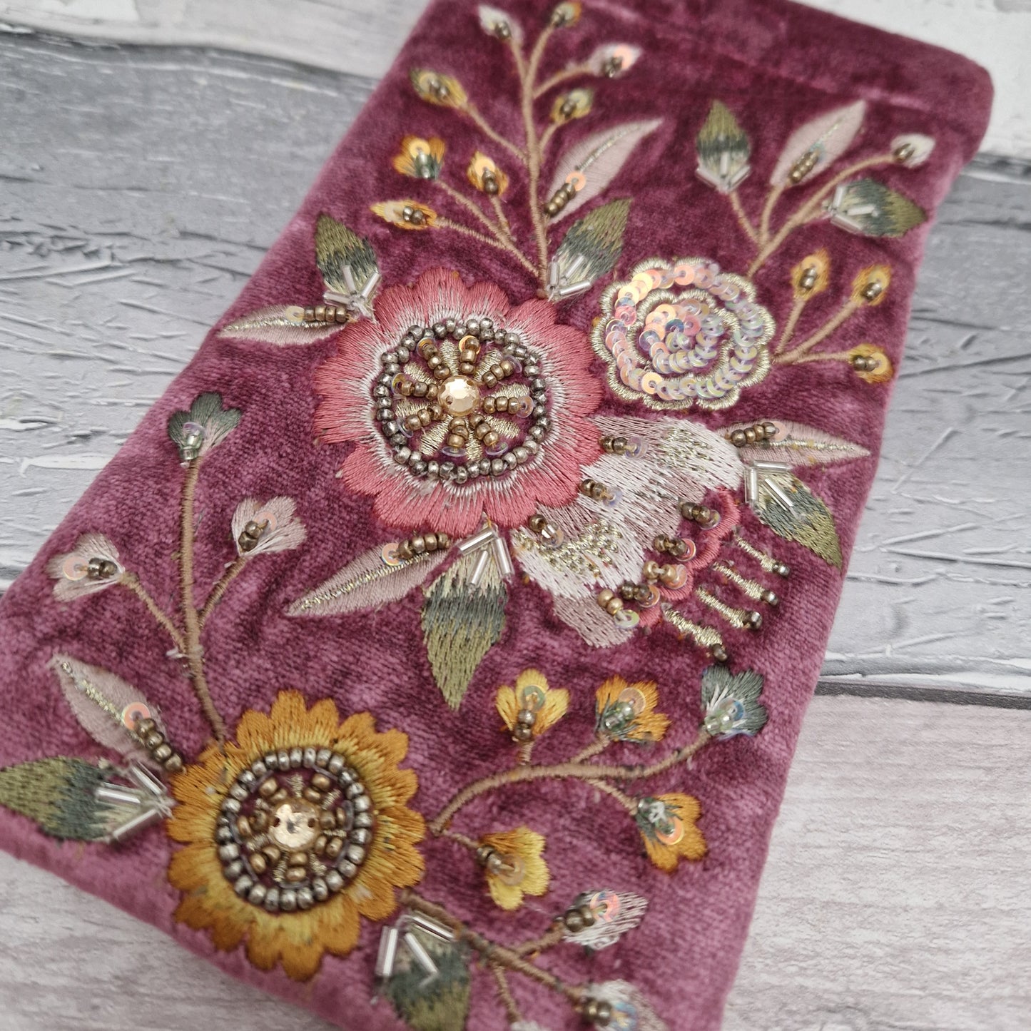 Pink velvet glasses case / mobile phone pouch decorated with hand sewn embroidery flowers, beads and sequins.