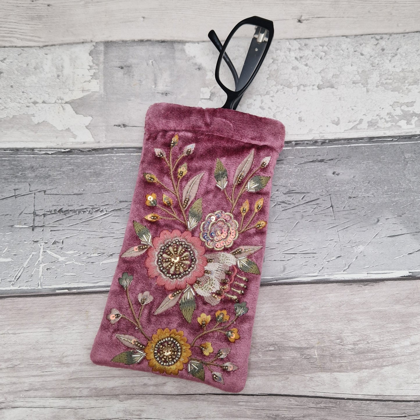 Pink velvet glasses case / mobile phone pouch decorated with hand sewn embroidery flowers, beads and sequins.