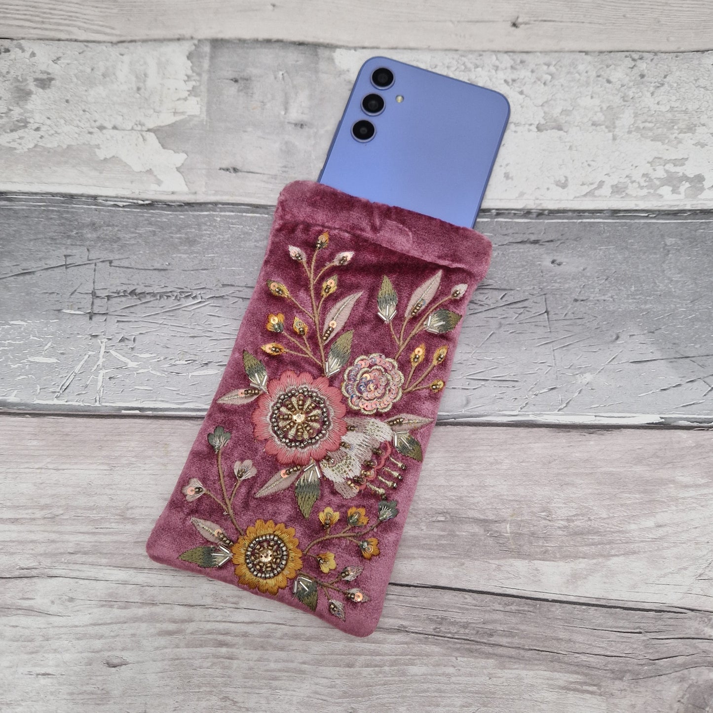 Pink velvet glasses case / mobile phone pouch decorated with hand sewn embroidery flowers, beads and sequins.