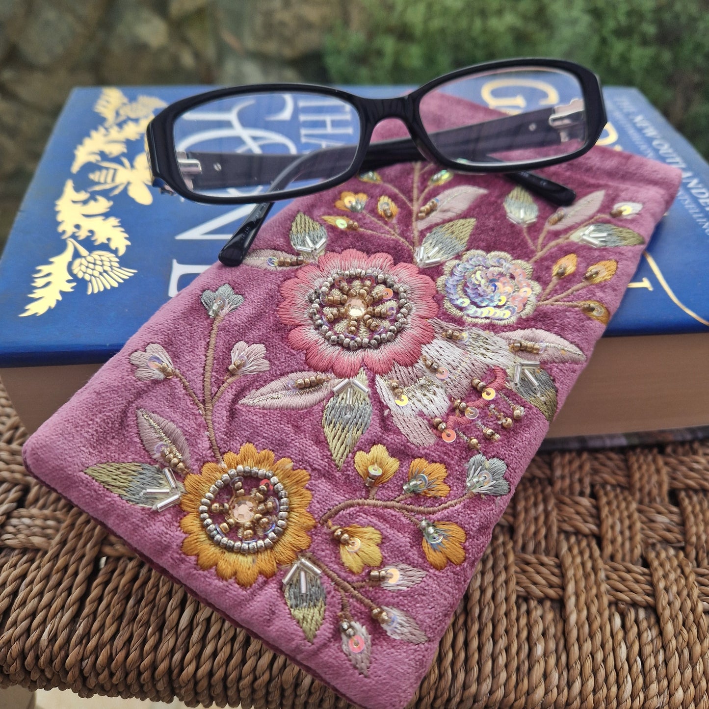 Pink velvet glasses case / mobile phone pouch decorated with hand sewn embroidery flowers, beads and sequins.