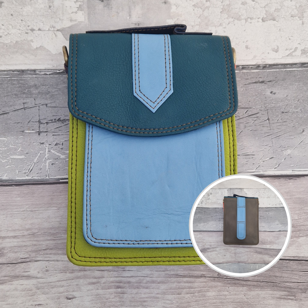 Mini Messenger style bag made from leather in bright mixed colours. With crossbody strap, carry handle and belt loop.