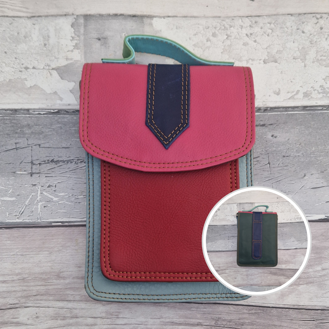 Mini Messenger style bag made from leather in bright mixed colours. With crossbody strap, carry handle and belt loop.