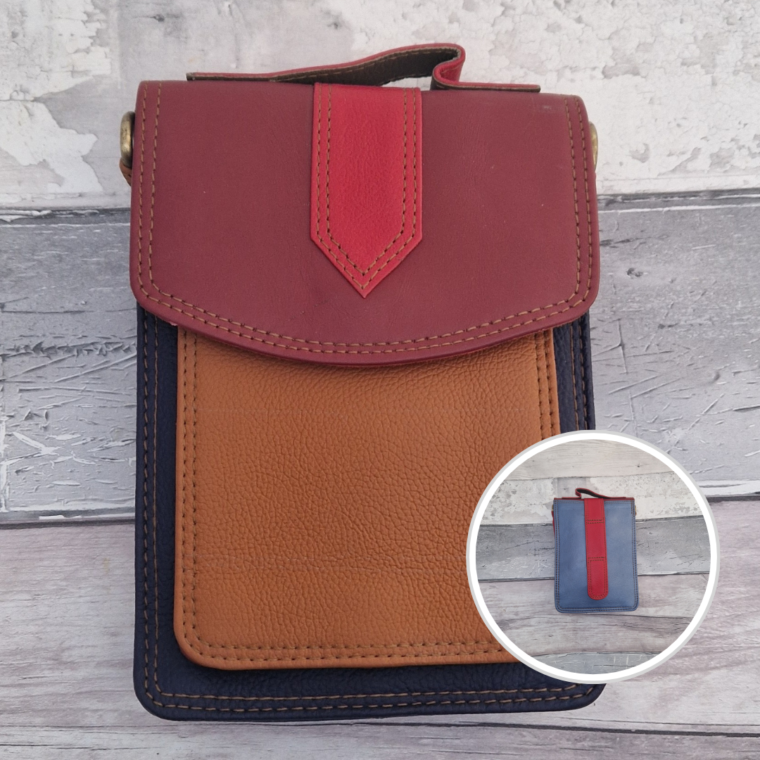 Mini Messenger style bag made from leather in bright mixed colours. With crossbody strap, carry handle and belt loop.