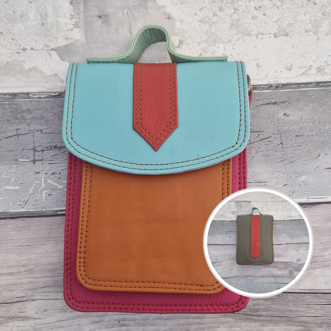 Mini Messenger style bag made from leather in bright mixed colours. With crossbody strap, carry handle and belt loop.