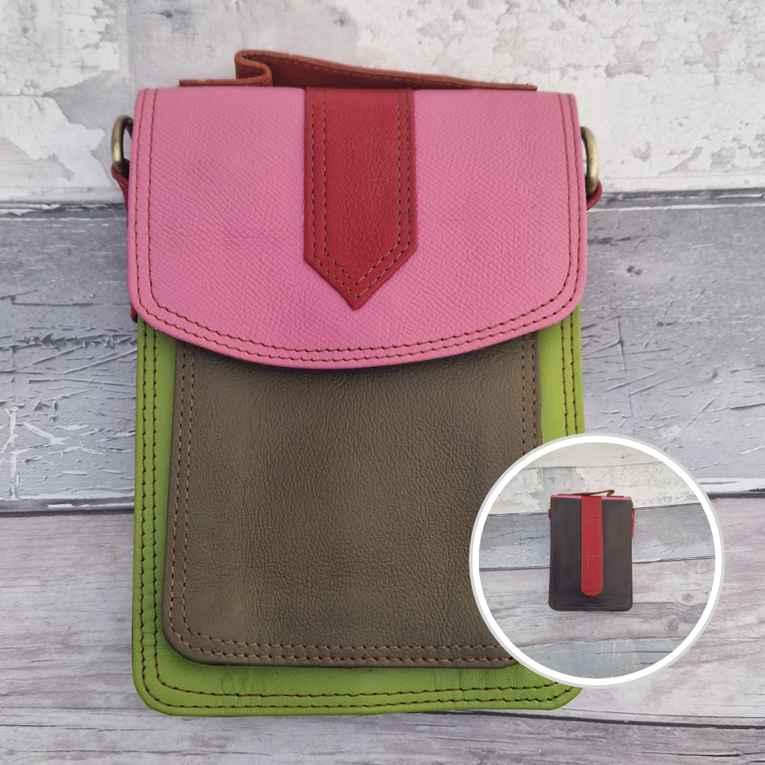 Mini Messenger style bag made from leather in bright mixed colours. With crossbody strap, carry handle and belt loop.