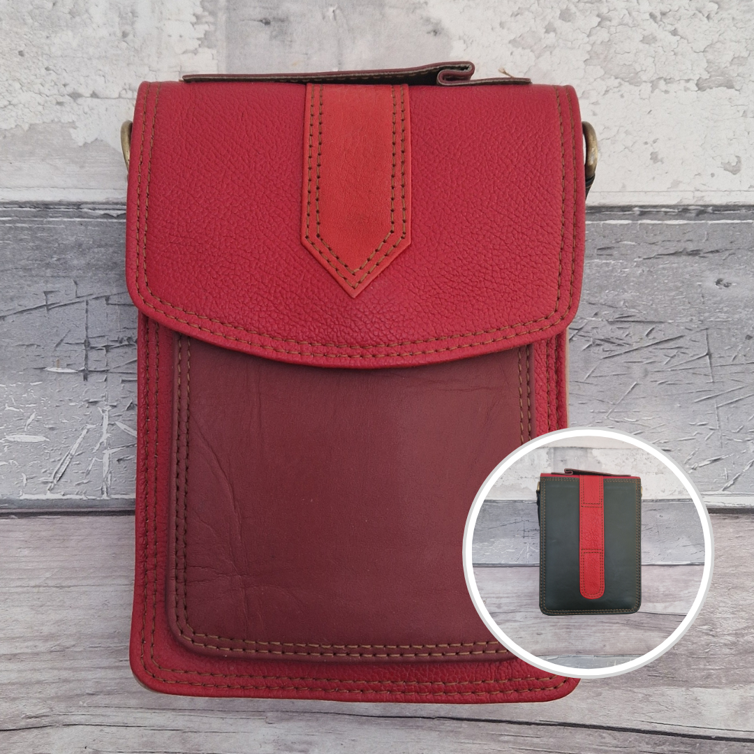 Mini Messenger style bag made from leather in bright mixed colours. With crossbody strap, carry handle and belt loop.